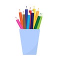 Colored pencils in a glass for office. Flat vector illustration. Royalty Free Stock Photo